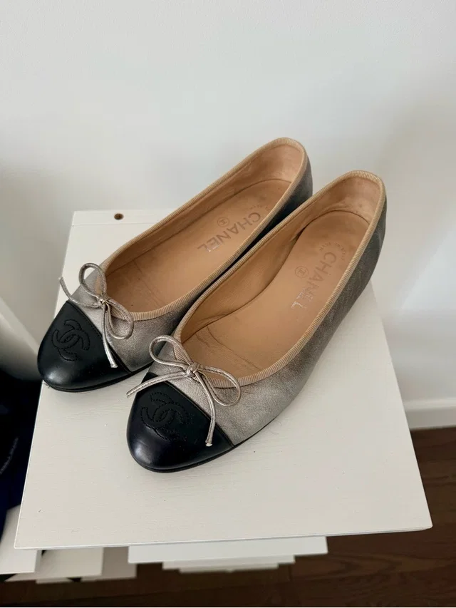 Chanel Metallic Silver Leather Ballet Flats Size 5. /6 (Orig $1250) in silver|black|gray Leather from Poshmark