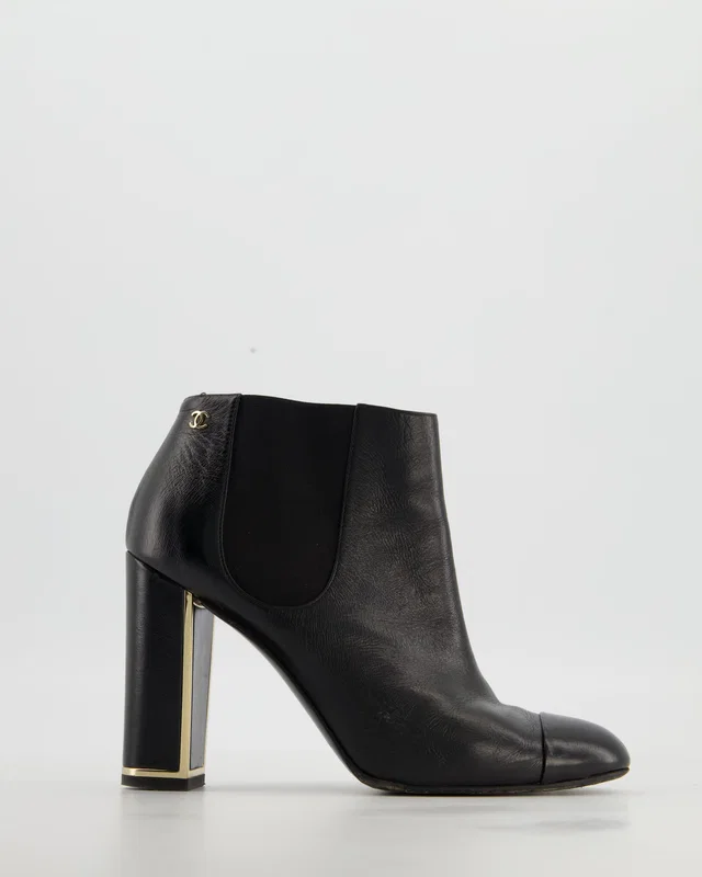 Chanel Black Leather Ankle Boots with CC Logo and Gold Heel Detail Size EU 38.5 in Black Leather from Sellier
