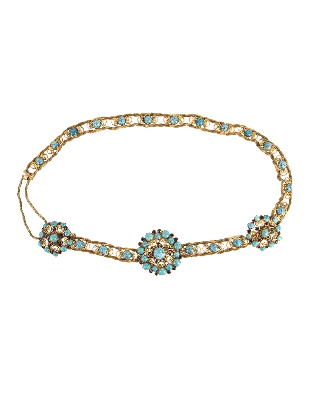 Saint Laurent Haute Couture Vintage c. 1969 Turquoise and Purple Golden Filigree Belt in Blue from Amarcord Vintage Fashion