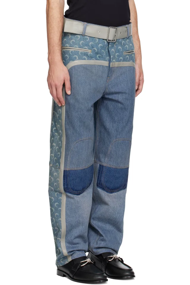 Marine Serre Blue Regenerated Denim Belted Baggy Jeans, photo 2 of 4 from SSENSE