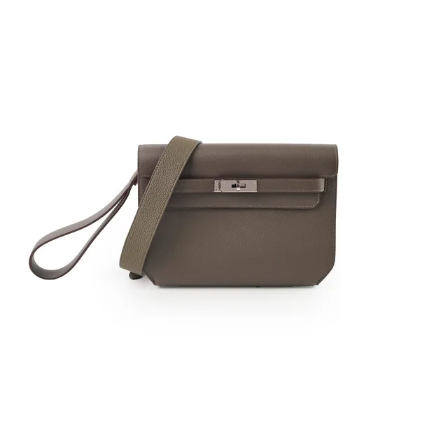 Hermès Kelly Depeches 25 Pouch Etain Y Stamp PHW in Taupe from The Purse Affair