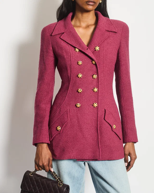 Chanel 96/A Dark Pink Boucle Double Breasted Jacket With Gold Buttons Size FR 36 (UK 8) in Pink Wool from Sellier