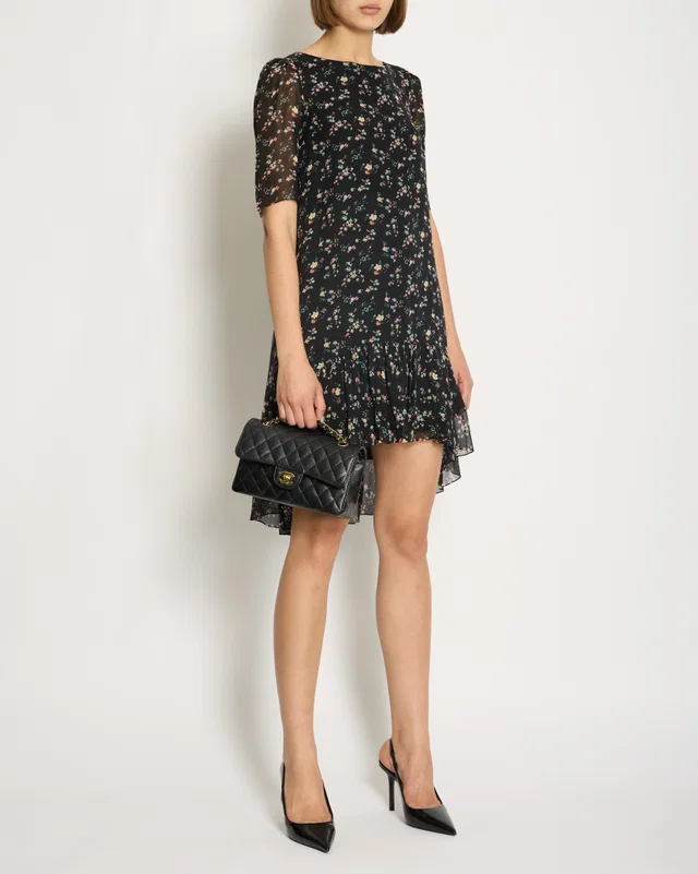 Saint Laurent Black Floral Print Short Sleeve Silk Dress With Ruffle Detail Size FR 36 (UK 8) in Black Silk from Sellier
