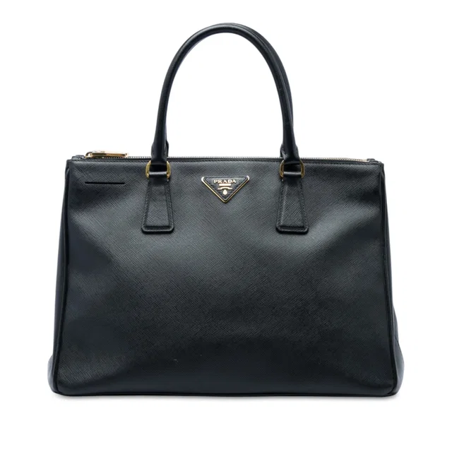 Black Prada Medium Saffiano Lux Galleria Double Zip Satchel in Black Saffiano leather from Designer Revival