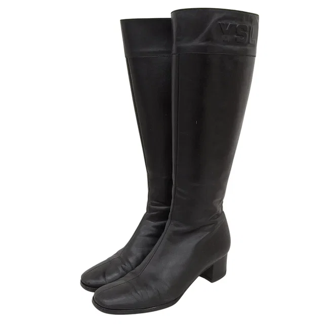 Saint Laurent Side Logo Embossed Long Boots #36.5 Black in Black Leather from VINTAGE QOO TOKYO