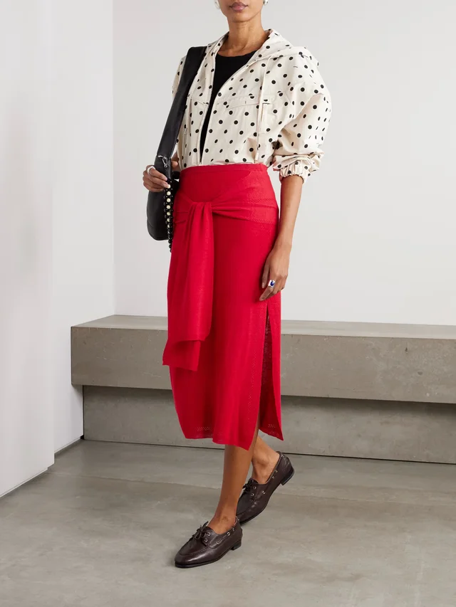 PROENZA SCHOULER WHITE LABEL Phelan tie-front pointelle-knit linen-blend midi skirt in Red, photo 2 of 2 from NET-A-PORTER (Canada)