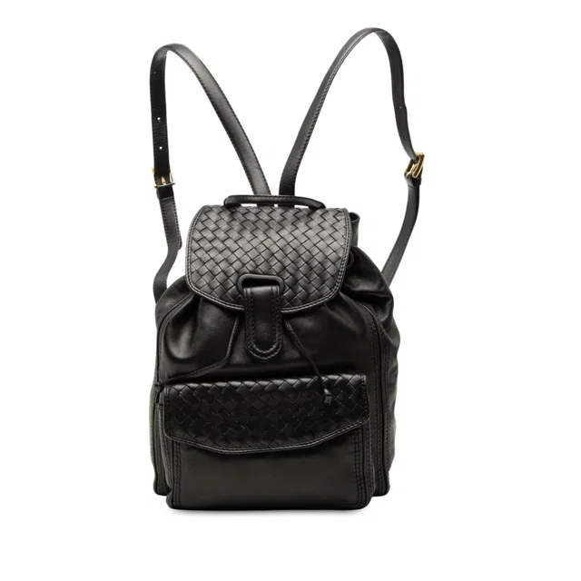 Black Bottega Veneta Nappa Intrecciato Trimmed Drawstring Flap Backpack in Black Nappa leather from Designer Revival