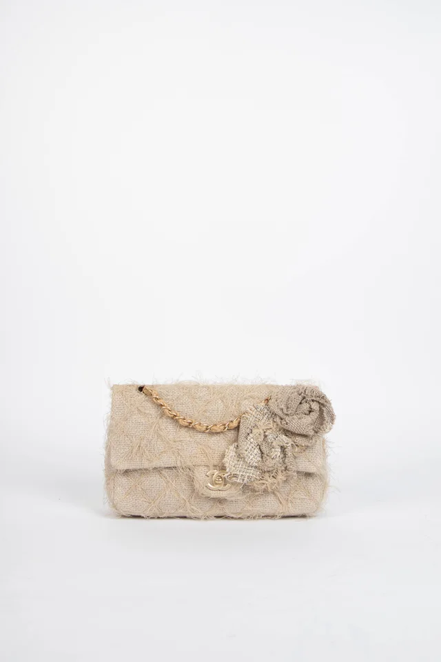2009 Chanel Linen Camellia Medium Single Flap Shoulder Bag in Canvas from Break Archive