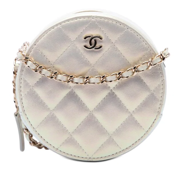 White Chanel CC Quilted Iridescent Lambskin Round Clutch With Chain Crossbody Bag in White Lambskin from Designer Revival
