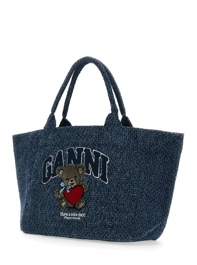 GANNI 'Trapeze Medium' blue Shopper with logo lettering and print on the front in cotton women in Blue 100% Cotton, photo 3 of 10 from Gaudenzi Boutique