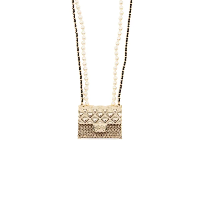 Chanel 21S runway micro bag/ pearl necklace light gold tone from EMIER