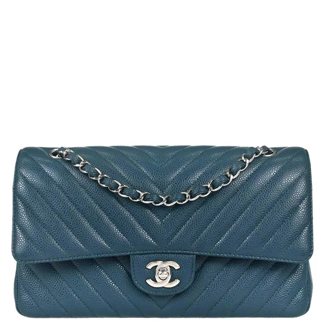 Chanel 2018-2019 Blue Caviar Skin Chevron Medium Classic Double Flap Shoulder Bag in Blue Caviar leather from AMORE Vintage Tokyo