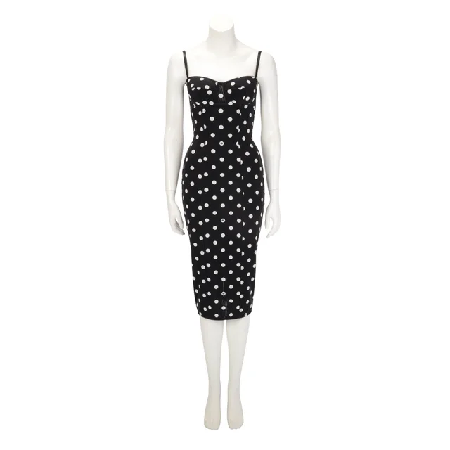 Dolce & Gabbana Marquisette Sheath Polka Dot Print Dress IT 40 in Black from Blue Spinach