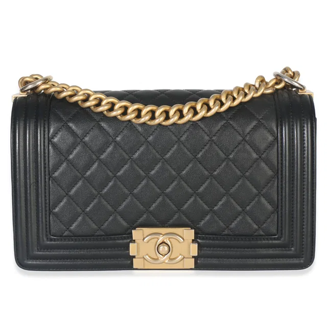 Chanel Black Quilted Lambskin Old Medium Boy Bag Leather Handbag in Black Lambskin from HEWI