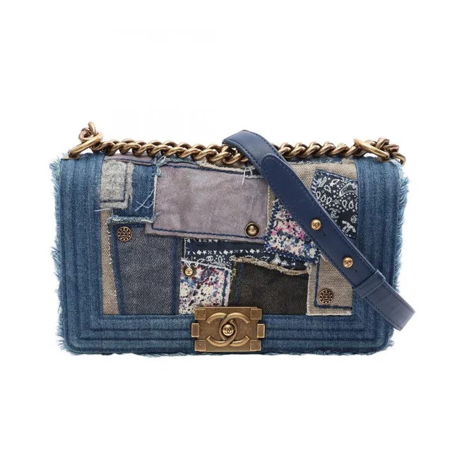 Chanel Shoulder Bag Boy Patchwork Denim Blue Chain in Blue Denim from The Reluxe
