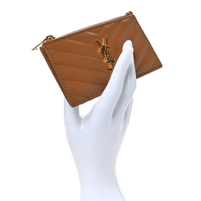 Saint Laurent Grain De Poudre Matelasse Chevron Monogram Fragments Zippered Card Case Cork in Leather from FASHIONPHILE, photo 2 of 7