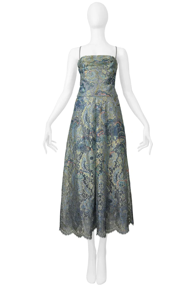 Valentino Garavani Blue & Metallic Gold Lace Party Dress 2016 in Blue Silk from Resurrection Vintage
