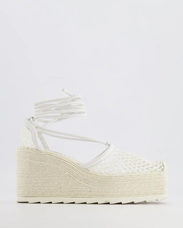 Bottega Veneta White Mesh Espadrilles Heel Pumps with Square Toe and Ankle Tie Detail Size EU 37 in White from Sellier