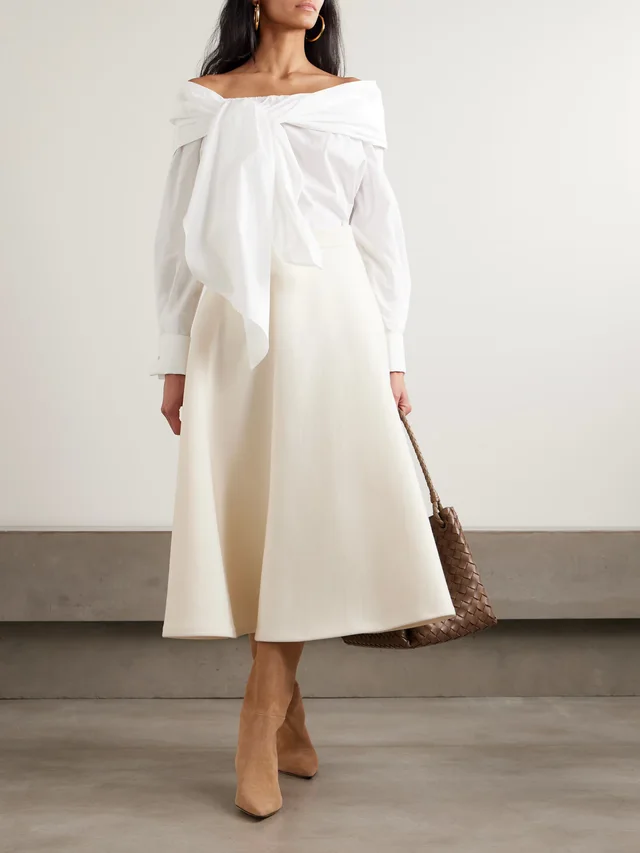 MAX MARA Off-the-shoulder tie-detailed gathered cotton-poplin blouse in White, photo 2 of 2 from NET-A-PORTER (Canada)