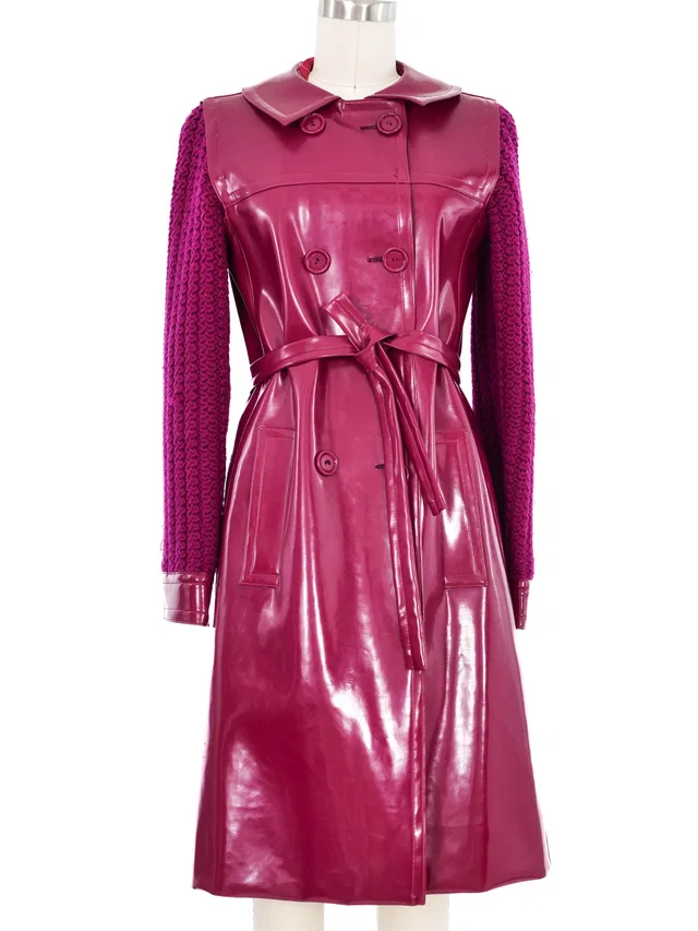 1966 Yves Saint Laurent Magenta Vinyl Crochet Sleeve Coat in Wool from Arcade Vintage