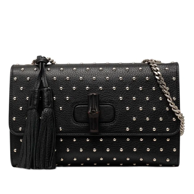 Black Gucci Medium Studded Leather Miss Bamboo Crossbody in Black Leather from Designer Revival