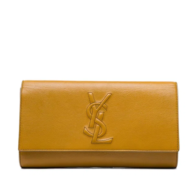 Yellow Saint Laurent Large Textured Calfskin Monogram Belle De Jour Clutch in Yellow Calfskin from Designer Revival