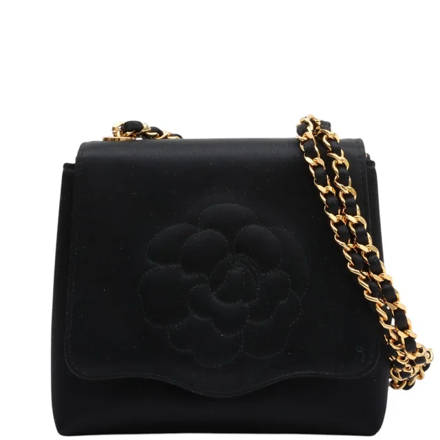 Chanel 1997 Silk Satin Camellia Stitch Chain Shoulder Bag in Black in Black Satin from VINTAGE QOO TOKYO