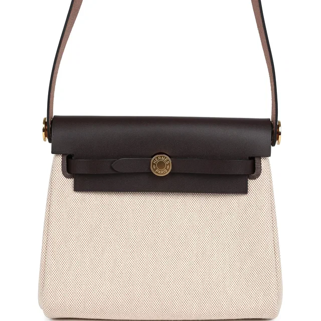 Hermès Herbag Zip 20 Mini Ecru and Beige Toile H Canvas and Ebene Vache Hunter Gold Hardware in Brown Canvas from Madison Avenue Couture