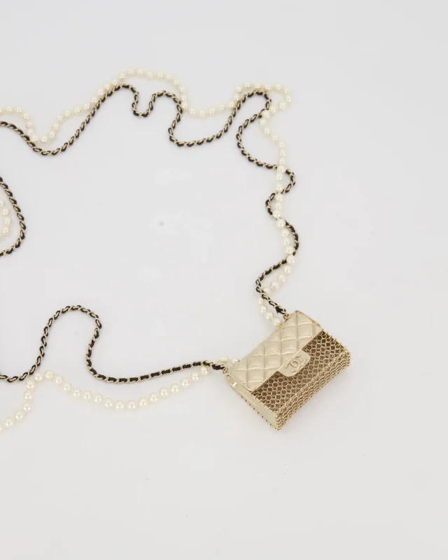Chanel Gold Quilted Pearl Chain Necklace Featuring a Miniature Bag Pendant in Gold from Sellier, photo 2 of 7