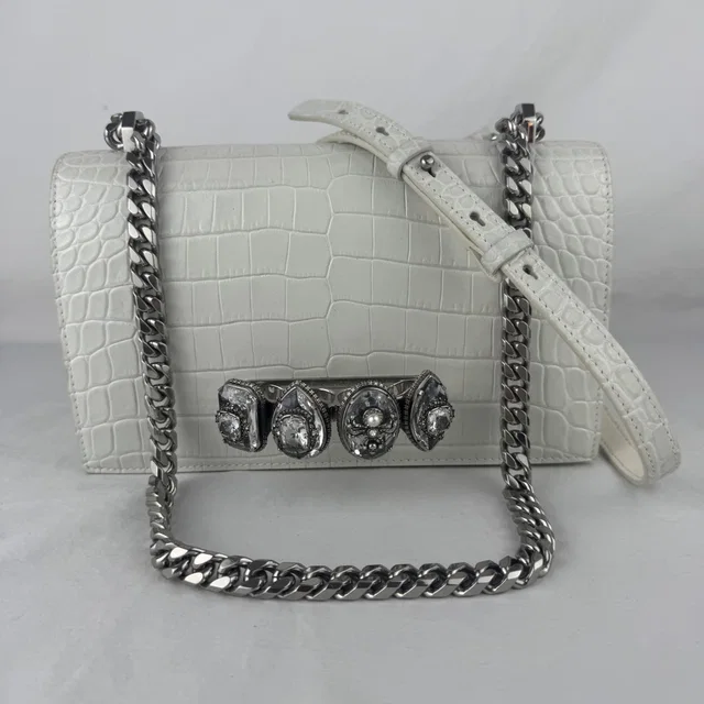Alexander McQueen Jeweled Skull Ring Shoulder Bag in calfskin, Calfskin leather, croc effect, Metal from Reowned
