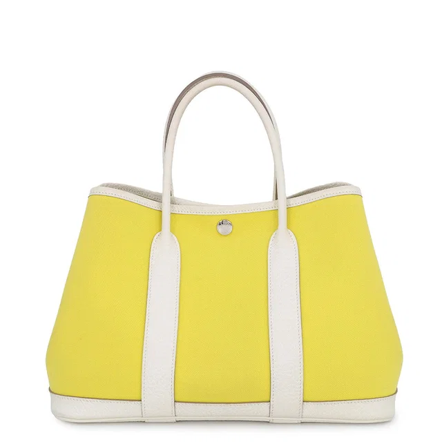 Hermès Garden Party Lime/Craie Toile Officier Country Leather Size TPM in White Leather from GALLERY RARE