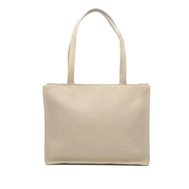 Beige Chanel Lambskin Embossed CC Camellia Tote in Beige Lambskin from Designer Revival