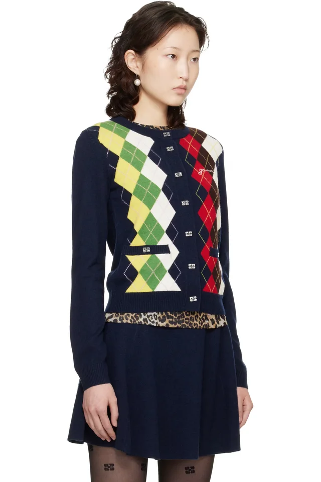 GANNI Navy Argyle Print Cardigan, photo 2 of 4 from SSENSE