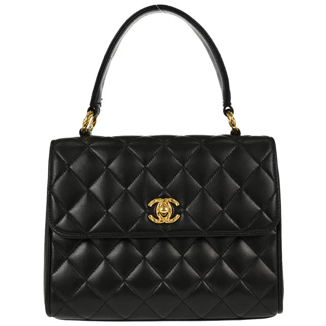 Chanel 1991-1994 Black Lambskin Straight Flap Handbag in Black Lambskin from AMORE Vintage Tokyo