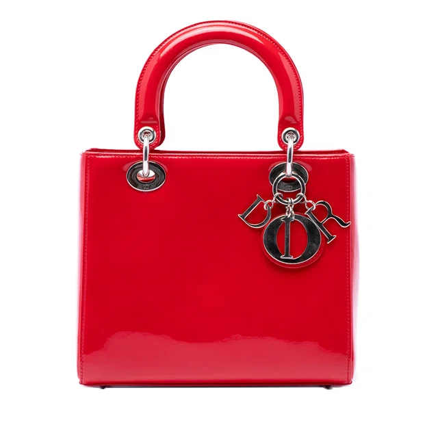 Red Dior Medium Patent Lady Dior Satchel in Red Patent leather from Designer Revival