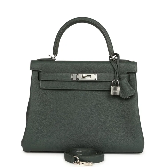 Hermès Kelly Retourne 28 Vert Mangrove Togo Palladium Hardware in Green Togo leather from Madison Avenue Couture