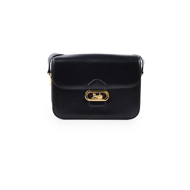Celine Vintage Navy Horse and Carriage Shoulder Bag in Navy Box leather from The Purse Affair
