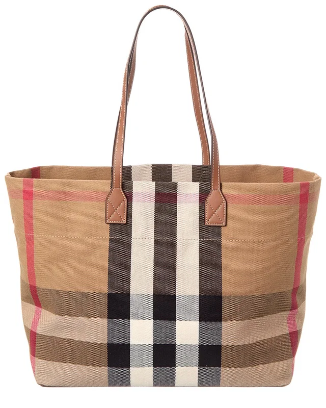Burberry Check Canvas & Leather Tote in //asset1.ruecdn.com/images/sw/116163/1161633615_RLSW_brown.jpg, image 1 of 1 from Rue La La