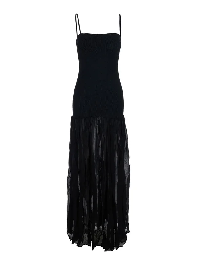HUNZA G Black Long Dress with Square Neckline and Thin Straps in Tech Fabric for Women in Black, photo 2 of 6 from Gaudenzi Boutique
