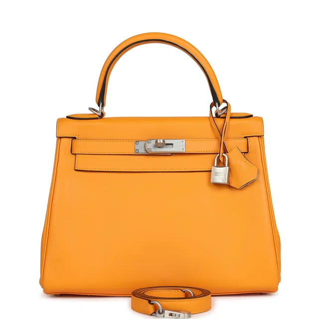 Hermès Special Order (HSS) Kelly Retourne 28 Jaune D'Or Swift Brushed Palladium Hardware in Yellow Swift leather from Madison Avenue Couture
