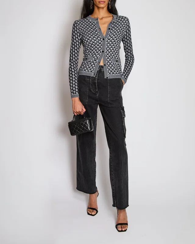 Chanel Black, White, and Grey Cashmere Cardigan with Velvet and Pearl Buttons Size FR 34 (UK 6) in Black Velvet from Sellier