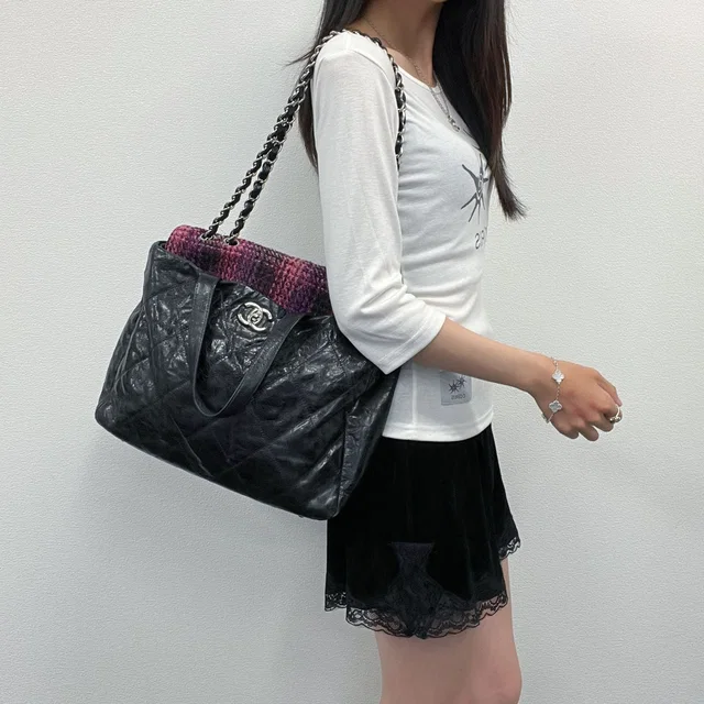 Chanel CC Logo Quilted Tweed Flap 2-Way Tote Chain Shoulder Bag Leather Black in Black Tweed from The Reluxe