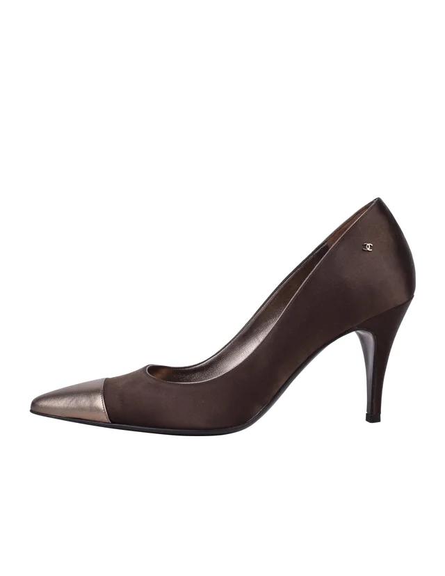 Chanel Vintage AW 2004 Deepest Brown Satin and Bronze Leather Cap Toe Pumps in Brown Satin from Amarcord Vintage Fashion