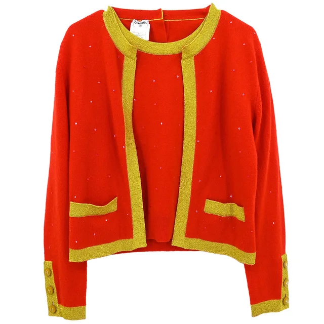 Chanel Ensemble Cardigan Short Sleeve Top Orange #42 in Orange Cashmere from AMORE Vintage Tokyo