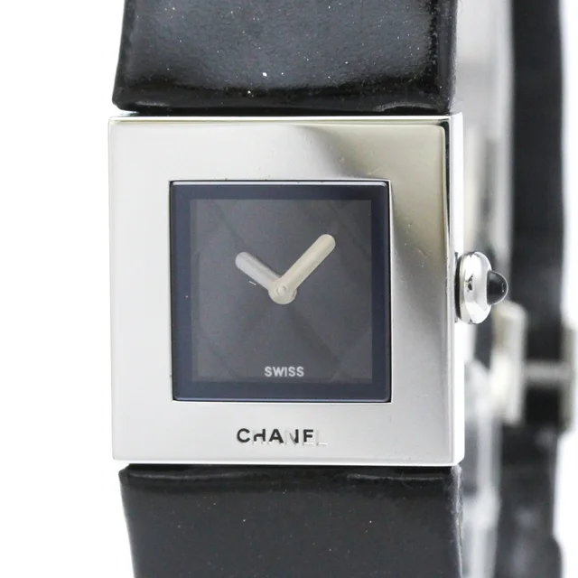 Chanel Matelasse Steel Leather Quartz Ladies Watch H0116 Polished in Black Leather from Elady