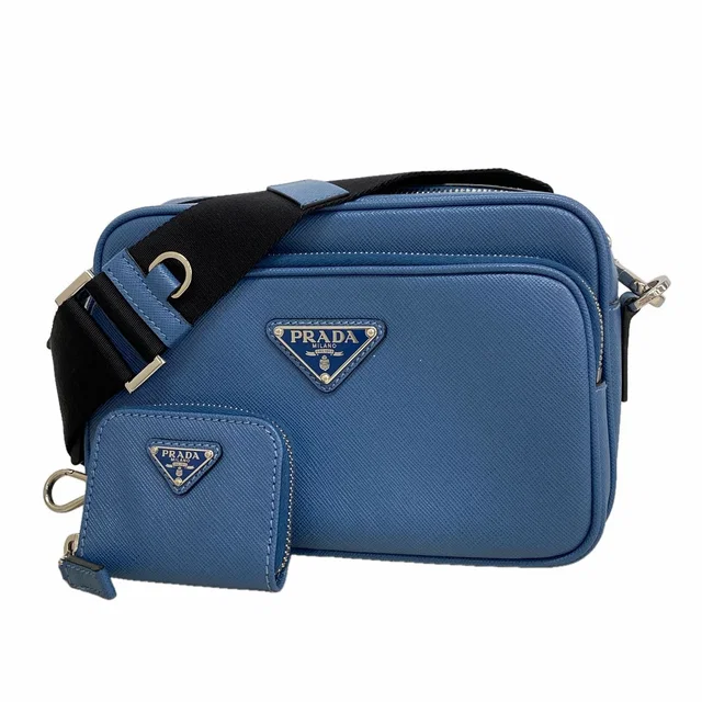 Prada Shoulder Bag Leather Blue Silver in Blue Leather from The Reluxe