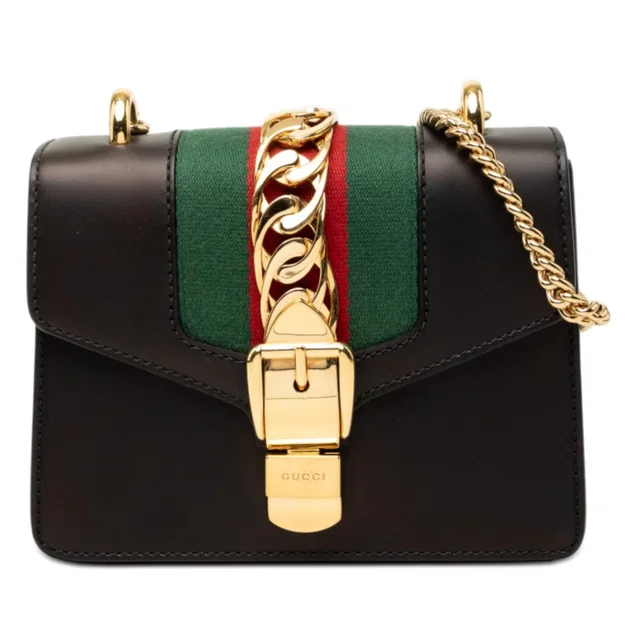 Black Gucci Mini Calfskin Web Sylvie Chain Satchel in Black Calfskin from Designer Revival, photo 1 of 1