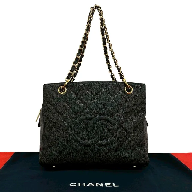Chanel And Quilted CC Logo Caviar Leather Shoulder Bag Tote Black in Black Caviar leather from The Reluxe