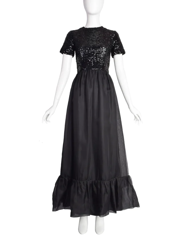 Givenchy Vintage 1970s Gorgeous Black Sequin Organza Ruffle Full Length Dress in Black Silk from Amarcord Vintage Fashion