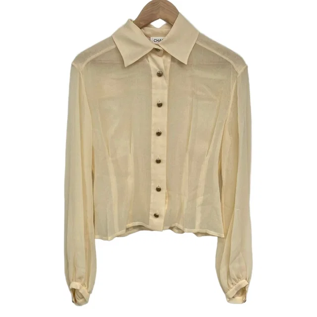 Chanel Long Sleeve Shirt Blouse M Ivory Sheer in White from The Reluxe